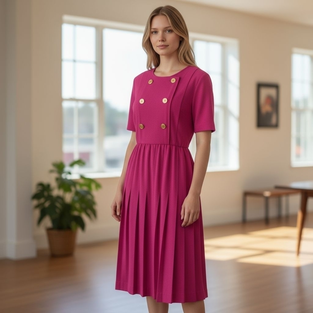 Liz Claiborne Fuchsia Double-Breasted Pleated Skirt Midi Dress Size 4